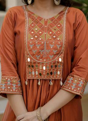 Orange viscose roman silk straight kurti pant dupatta set 2