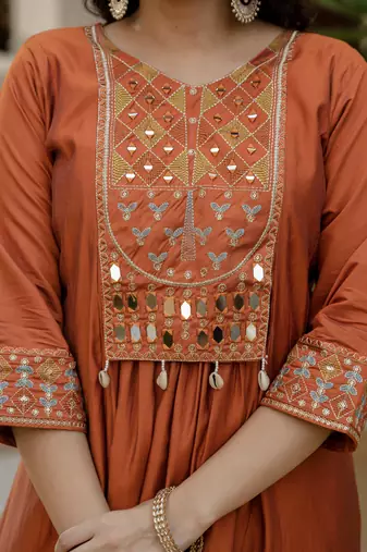 Orange viscose roman silk straight kurti pant dupatta set