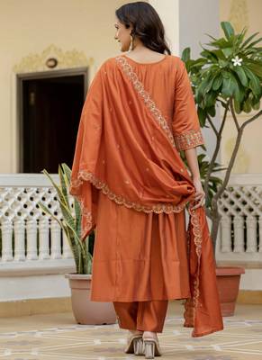 Orange viscose roman silk straight kurti pant dupatta set 3
