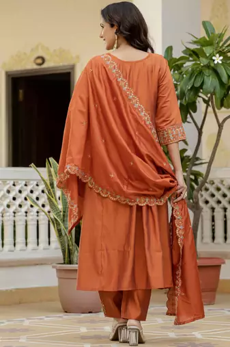 Orange viscose roman silk straight kurti pant dupatta set