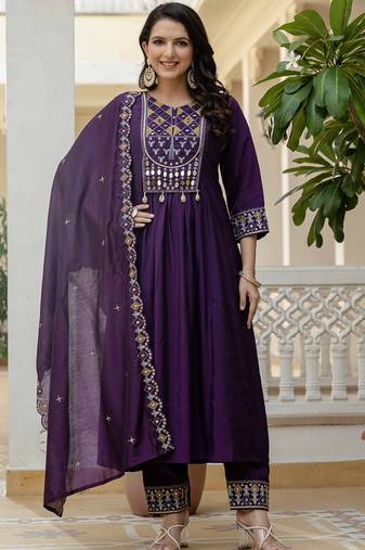 Purple viscose roman silk straight kurti pant dupatta set