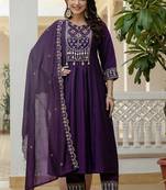 Purple viscose roman silk straight kurti pant dupatta set