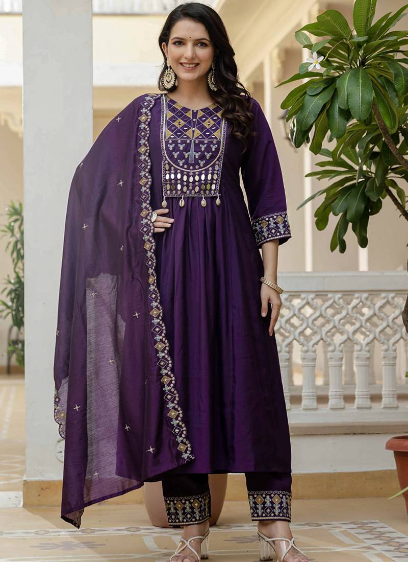 Purple viscose roman silk straight kurti pant dupatta set