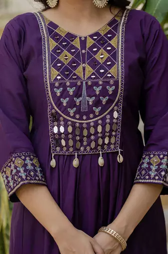 Purple viscose roman silk straight kurti pant dupatta set