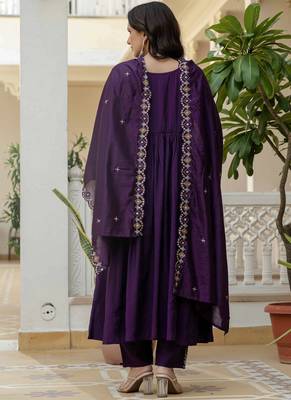 Purple viscose roman silk straight kurti pant dupatta set 3
