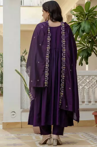 Purple viscose roman silk straight kurti pant dupatta set