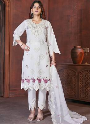 White heavy viscose roman straight kurti pant dupatta set 1