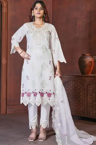 White heavy viscose roman straight kurti pant dupatta set