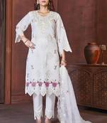 White heavy viscose roman straight kurti pant dupatta set
