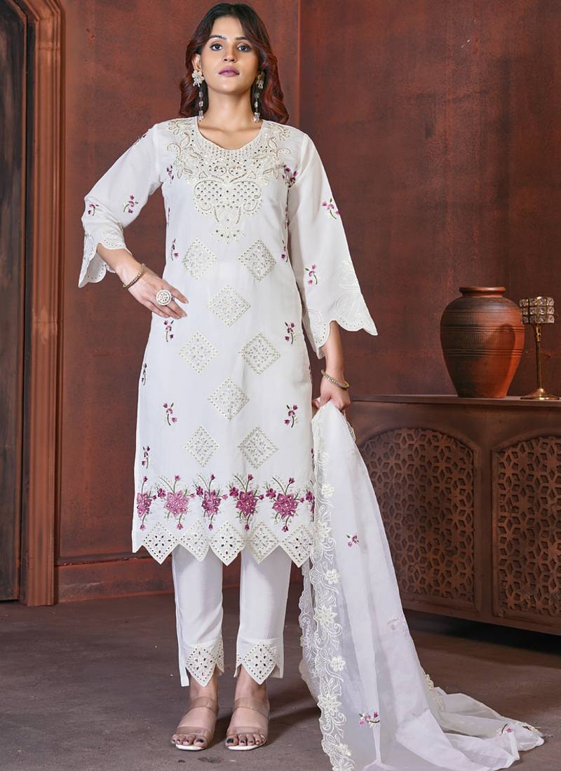 White heavy viscose roman straight kurti pant dupatta set