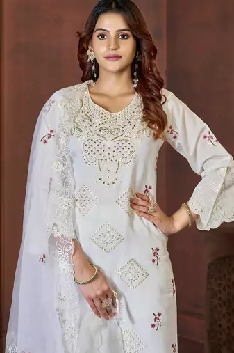 White heavy viscose roman straight kurti pant dupatta set