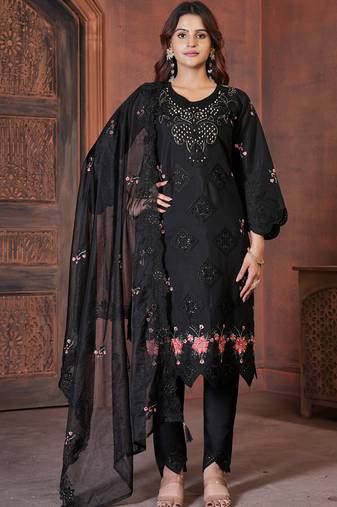 Black heavy viscose roman straight kurti pant dupatta set