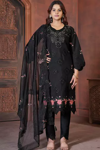 Black heavy viscose roman straight kurti pant dupatta set