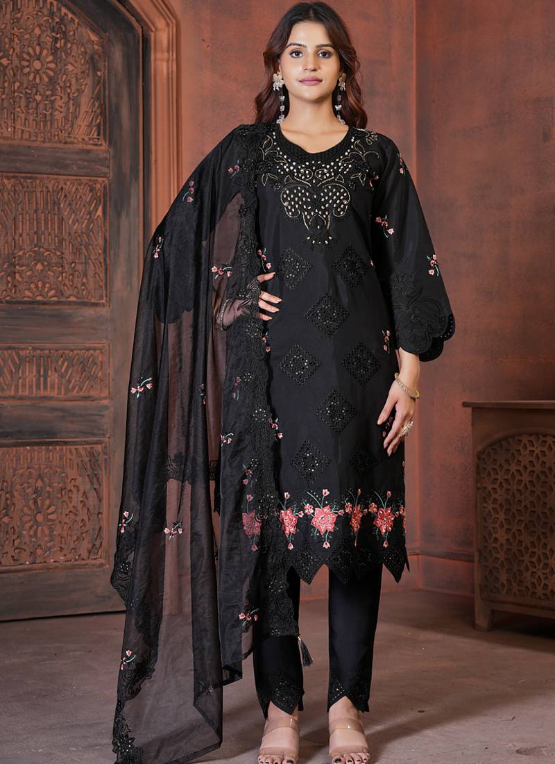 Black heavy viscose roman straight kurti pant dupatta set