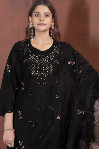 Black heavy viscose roman straight kurti pant dupatta set