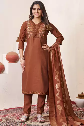 Brown roman silk straight kurti pant dupatta set
