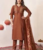 Brown roman silk straight kurti pant dupatta set
