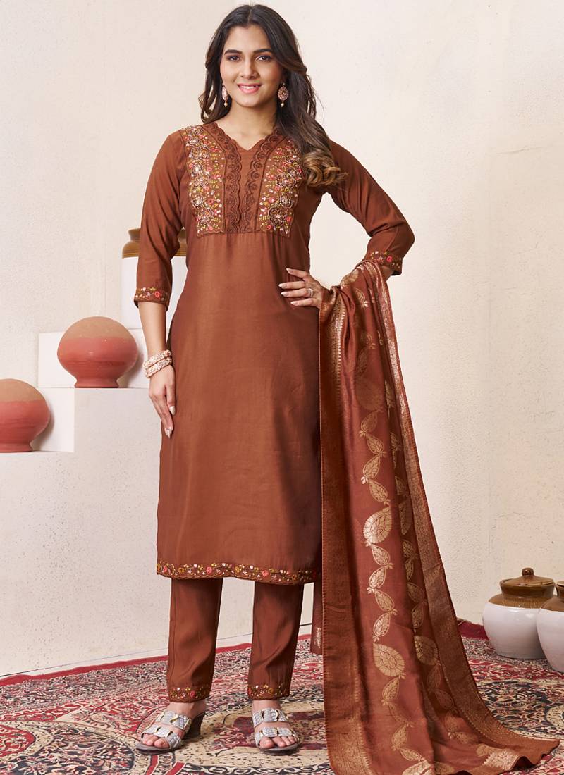 Brown roman silk straight kurti pant dupatta set