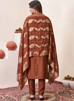 Brown roman silk straight kurti pant dupatta set 2
