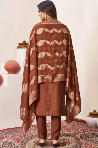 Brown roman silk straight kurti pant dupatta set