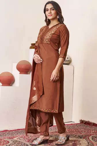 Brown roman silk straight kurti pant dupatta set