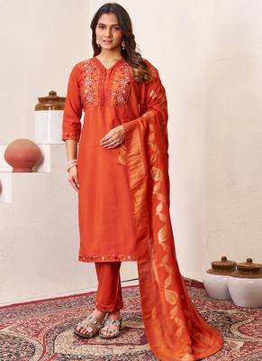 Orange roman silk straight kurti pant dupatta set 1