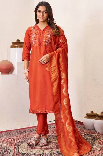 Orange roman silk straight kurti pant dupatta set