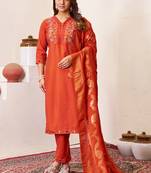 Orange roman silk straight kurti pant dupatta set