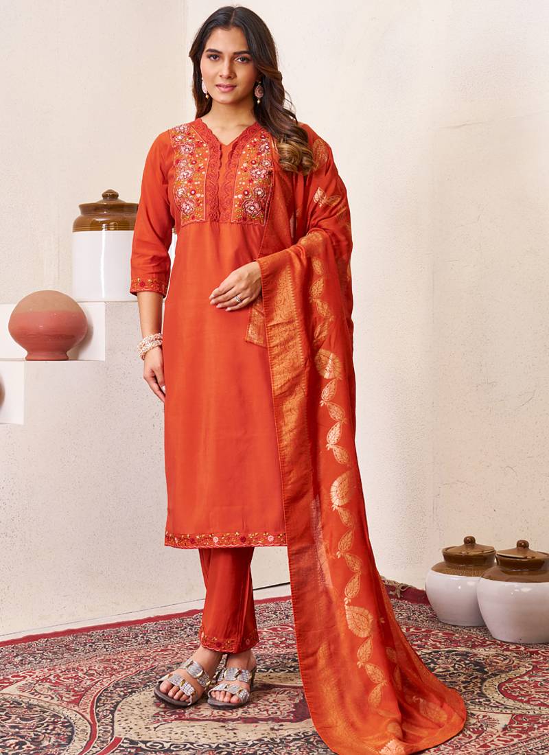 Orange roman silk straight kurti pant dupatta set