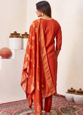 Orange roman silk straight kurti pant dupatta set 2