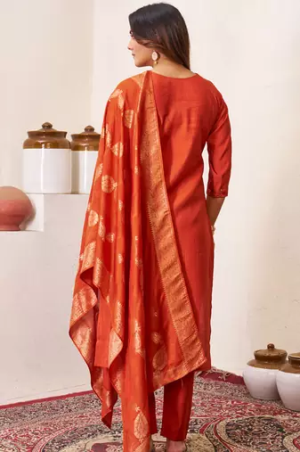 Orange roman silk straight kurti pant dupatta set