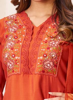 Orange roman silk straight kurti pant dupatta set 3