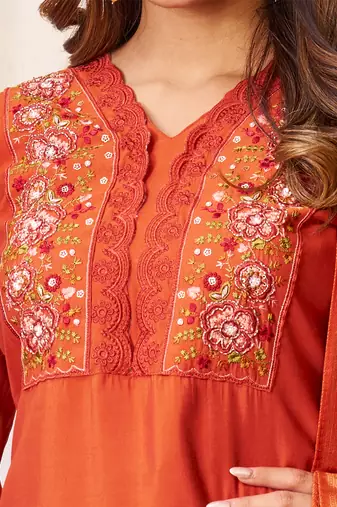 Orange roman silk straight kurti pant dupatta set