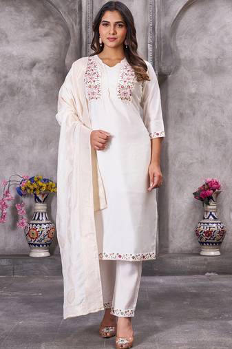 White roman silk straight kurti pant dupatta set
