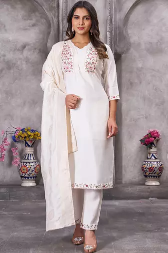 White roman silk straight kurti pant dupatta set