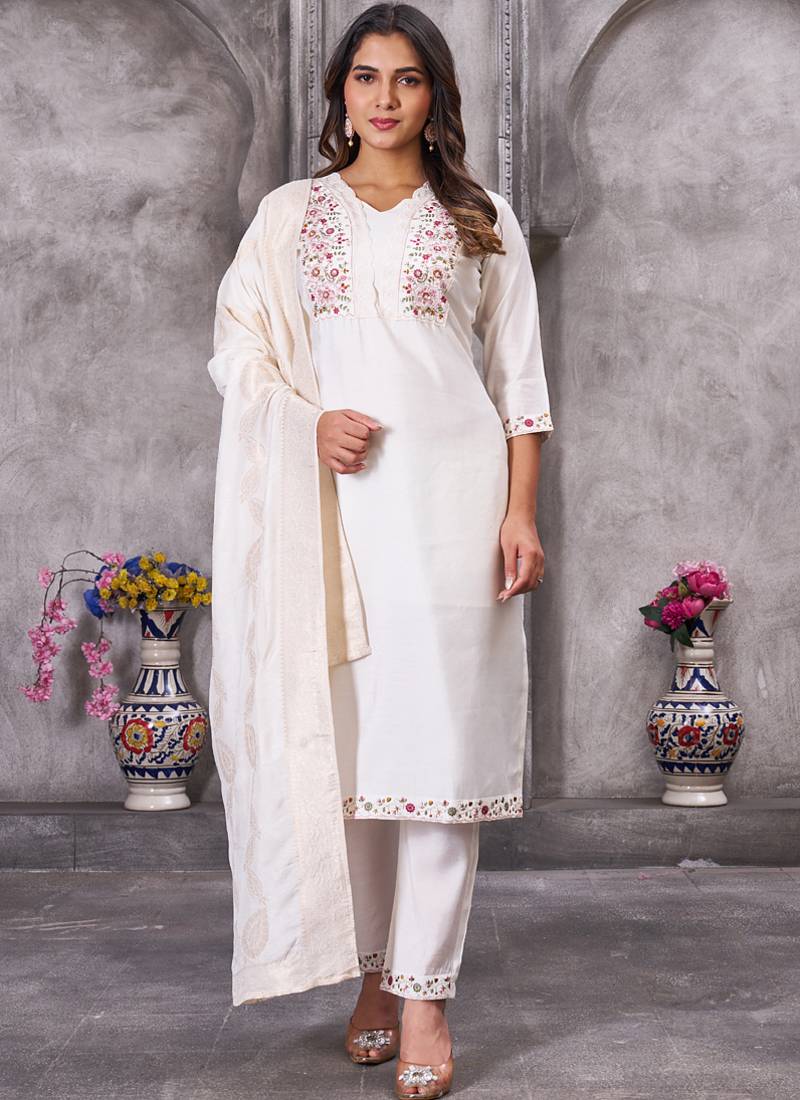 White roman silk straight kurti pant dupatta set