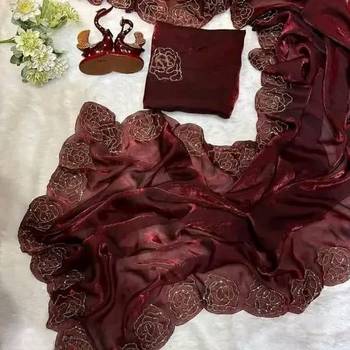 Maroon Color codding work chiffon saree  2