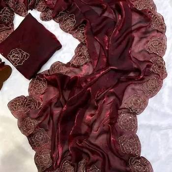 Maroon Color codding work chiffon saree  4
