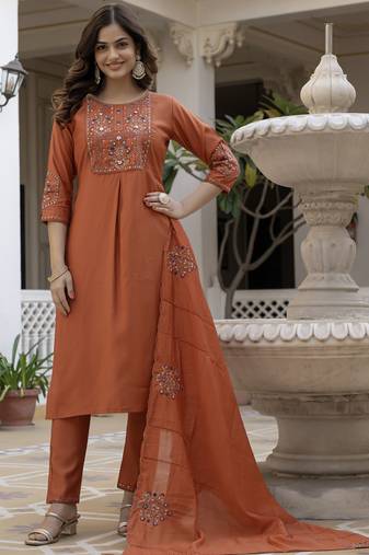 Rust pure viscose mango silk straight kurti pant dupatta set