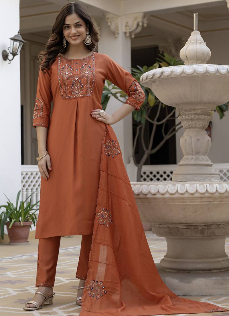 Rust pure viscose mango silk straight kurti pant dupatta set