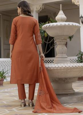 Rust viscose mango silk straight kurti pant dupatta set 2