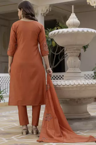 Rust pure viscose mango silk straight kurti pant dupatta set