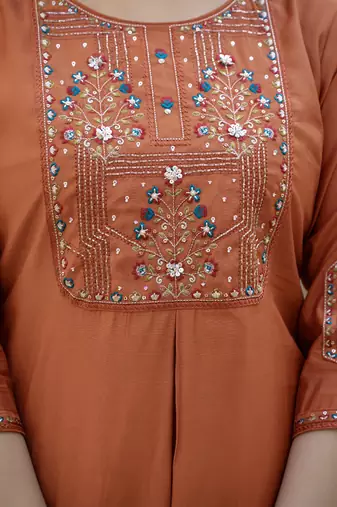 Rust pure viscose mango silk straight kurti pant dupatta set