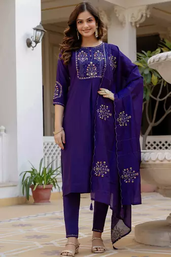 Purple pure viscose mango silk straight kurti pant dupatta set