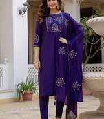 Purple pure viscose mango silk straight kurti pant dupatta set