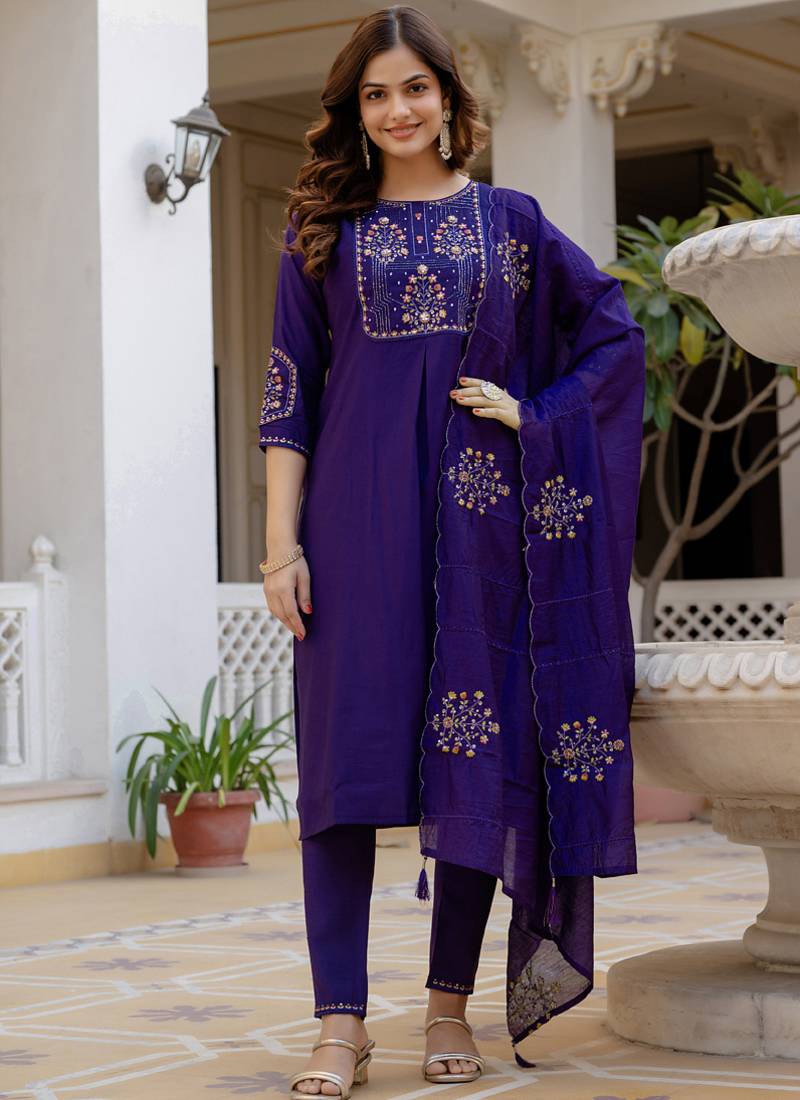 Purple pure viscose mango silk straight kurti pant dupatta set