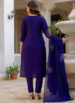 Purple pure viscose mango silk straight kurti pant dupatta set 2