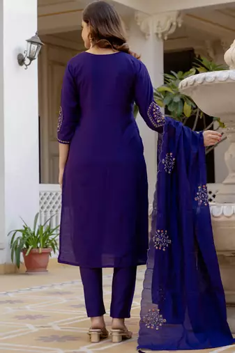 Purple pure viscose mango silk straight kurti pant dupatta set