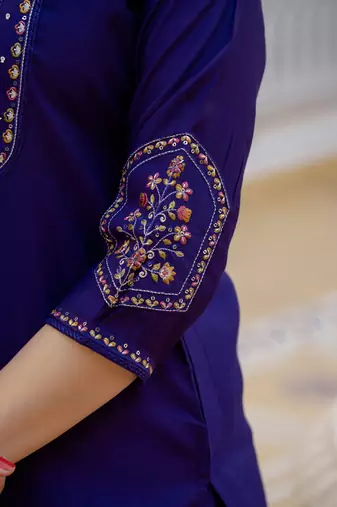 Purple pure viscose mango silk straight kurti pant dupatta set