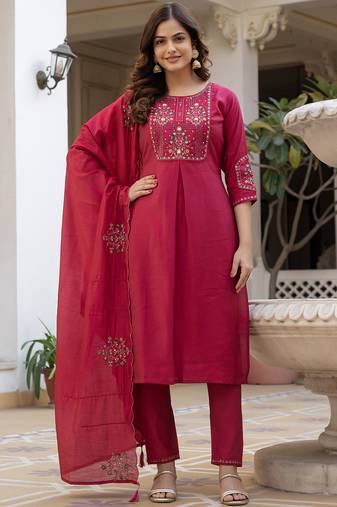 Pink pure viscose mango silk straight kurti pant dupatta set